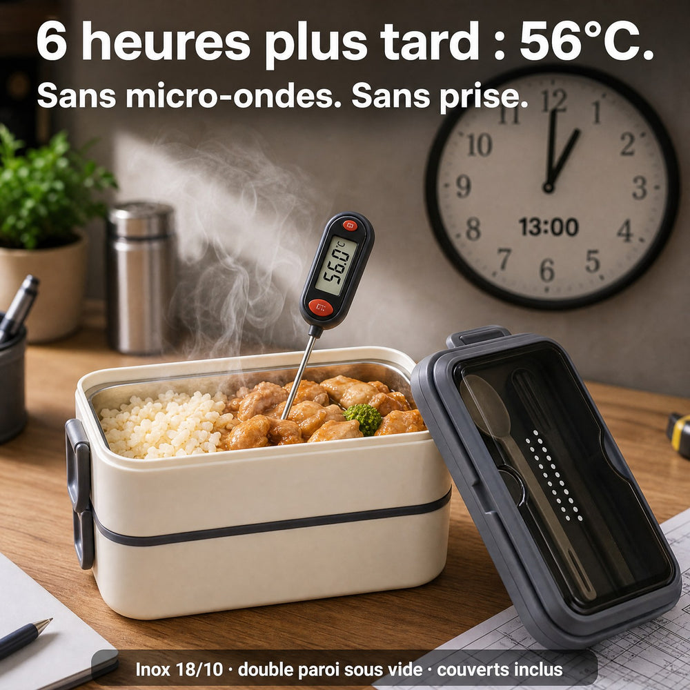 Boîte repas isotherme : 56 °C six heures après, testé au thermomètre